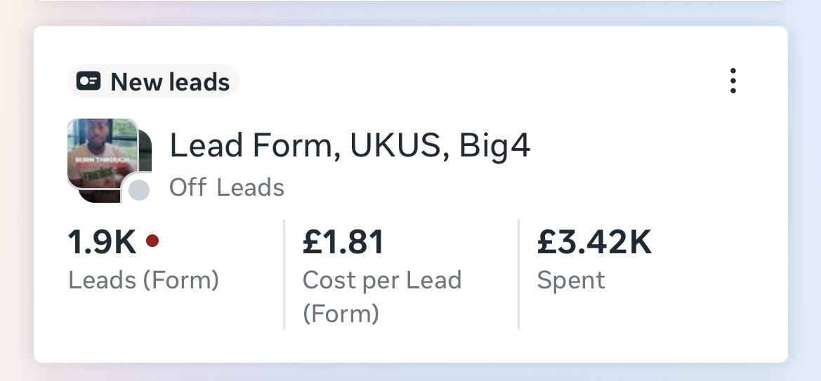 Lead form campaign: 1.9K leads at £1.81 cost per lead, £3.42K spent