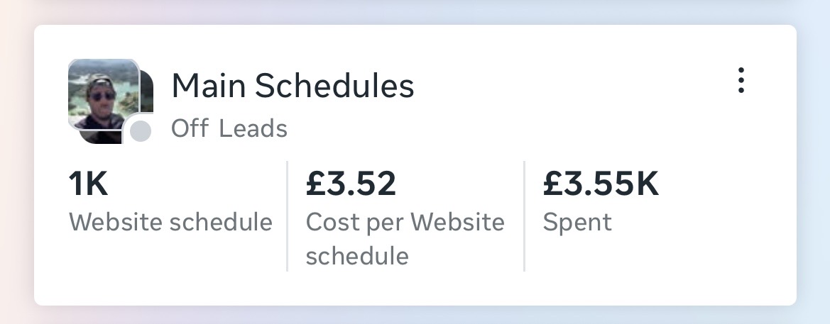 Website booking campaign: 1K bookings at £3.52 each, £3.55K spent