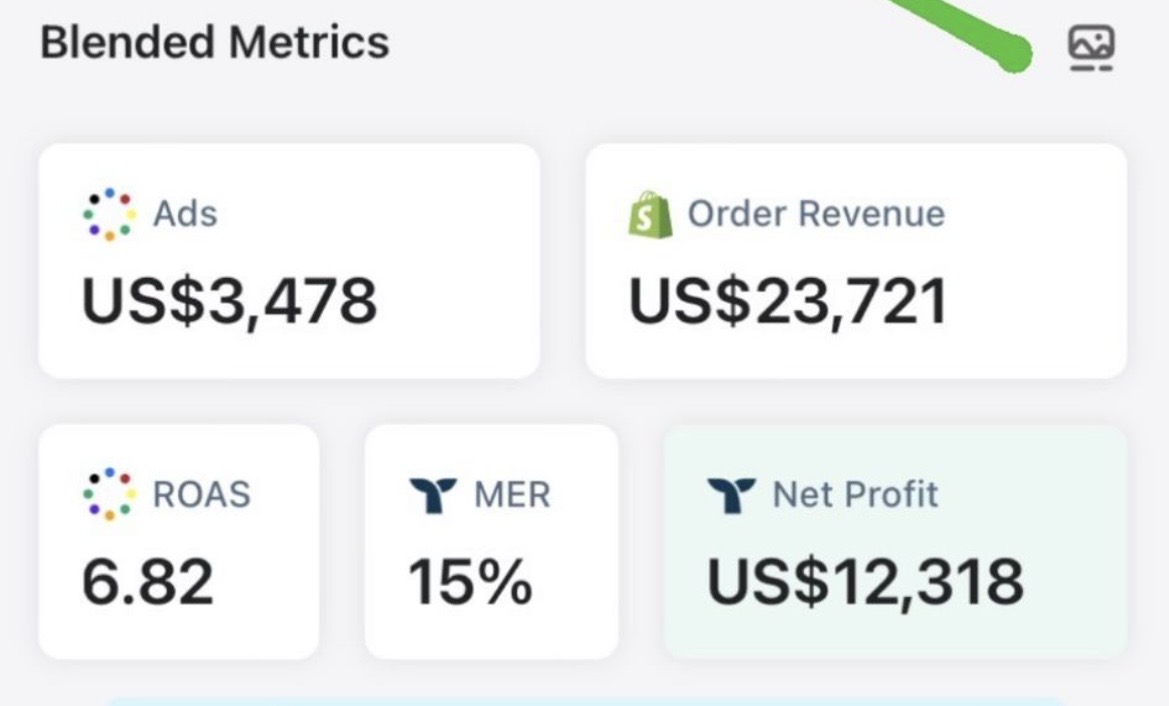 Blended metrics: $23,721 revenue, 6.82 ROAS, $12,318 net profit
