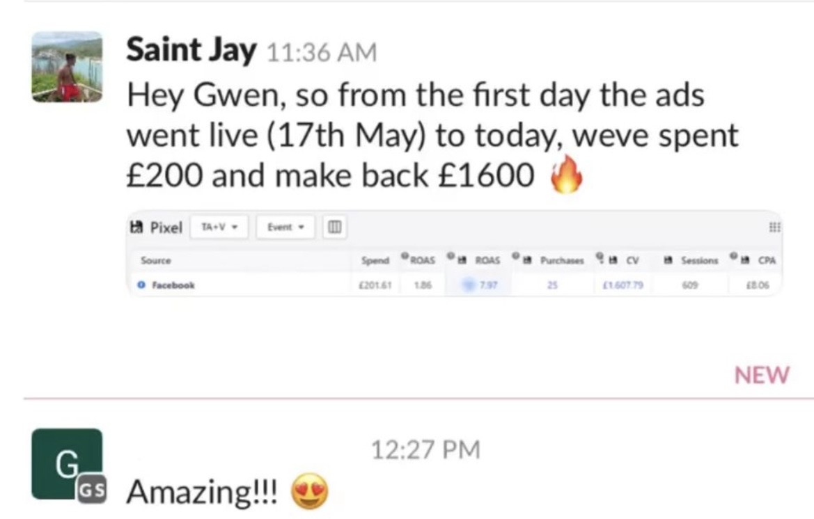 Client message: spent £200, made back £1,600 since ads went live