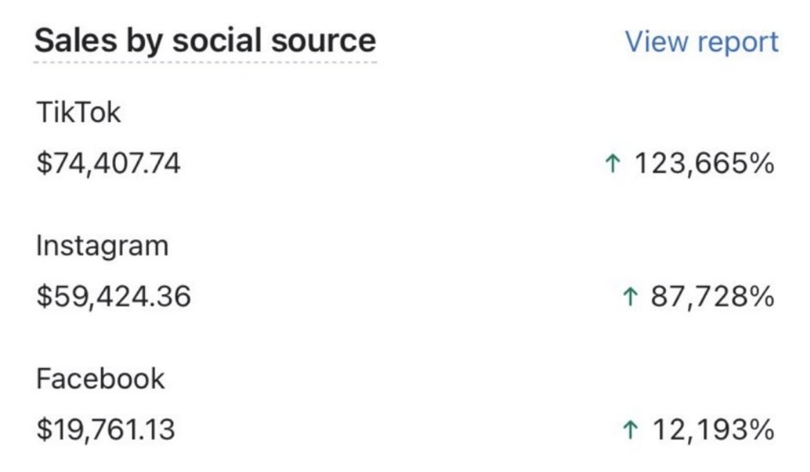 Sales by social source: TikTok $74k, Instagram $59k, Facebook $20k